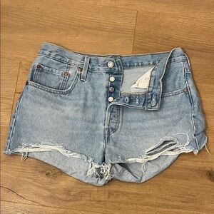 Levi’s Premium | 501 denim distressed light blue jean shorts Women’s size 31